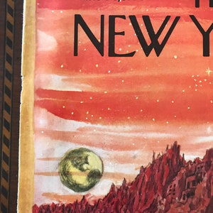 May include: The cover of a vintage New Yorker magazine from June 14, 1958, featuring a watercolour illustration of a red and orange sky with a green planet and a rocky landscape.