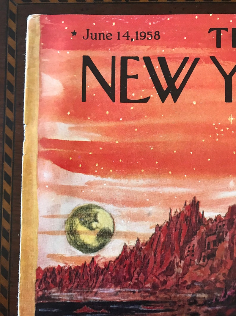 May include: The cover of a vintage New Yorker magazine from June 14, 1958, featuring a watercolour illustration of a red and orange sky with a green planet and a rocky landscape.