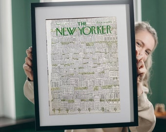 Puede incluir: Una impresión enmarcada de una portada de revista vintage de The New Yorker del 21 de abril de 1975, que presenta una ilustración en blanco y negro de un horizonte urbano con edificios y árboles. El texto de la portada dice "The New Yorker" y "Price 50 cents".