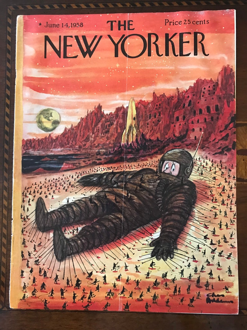 May include: The New Yorker magazine cover from 14 June 1958, features an illustration of a giant astronaut lying on a red desert landscape.  Tiny figures are pulling ropes attached to the astronaut's body.  The cover title "The New Yorker" is printed in black and white at the top of the cover.  The price is 25 cents.