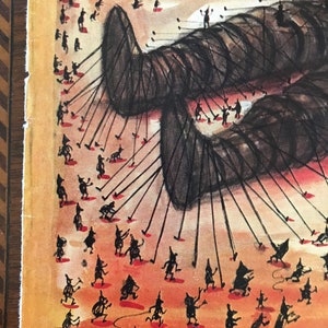 May include: A black and white illustration of a large, dark creature with many small figures pulling on strings attached to it. The figures are all wearing pointed hats and are standing on a red-orange background.