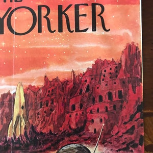 May include: A vintage New Yorker magazine cover featuring a watercolour illustration of a futuristic landscape with a rocket ship and a person in a space helmet. The cover text reads "The New Yorker" and "Price 25 cents".
