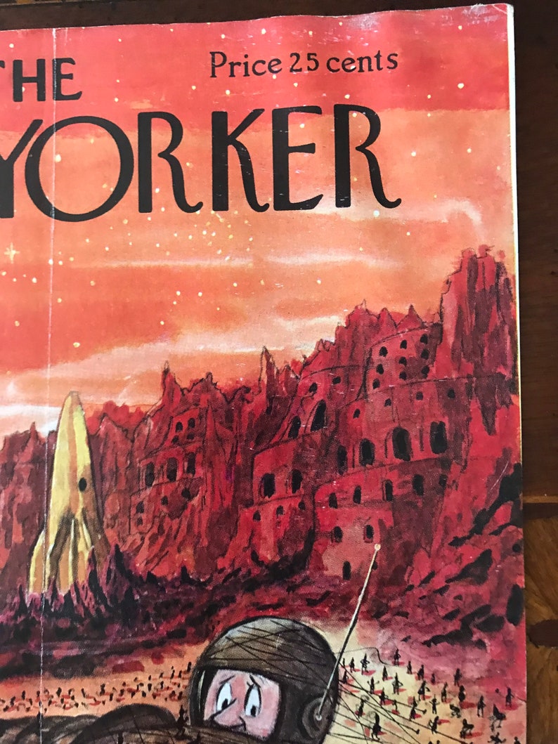 May include: A vintage New Yorker magazine cover featuring a watercolour illustration of a futuristic landscape with a rocket ship and a person in a space helmet. The cover text reads "The New Yorker" and "Price 25 cents".