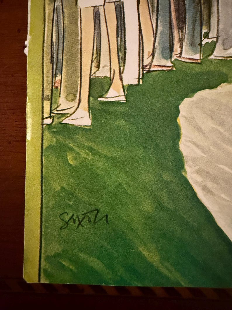 May include: Illustration of a group of people, with a focus on their legs and feet. The artwork features a green background and a white area. The artist's signature, "Saxon", is visible in the lower left corner.