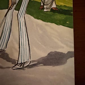 May include: Illustration of a person playing golf, wearing striped pants and a light blue top. The person is holding a golf club, with a golf bag and another person in the background. The scene is set on a green golf course.