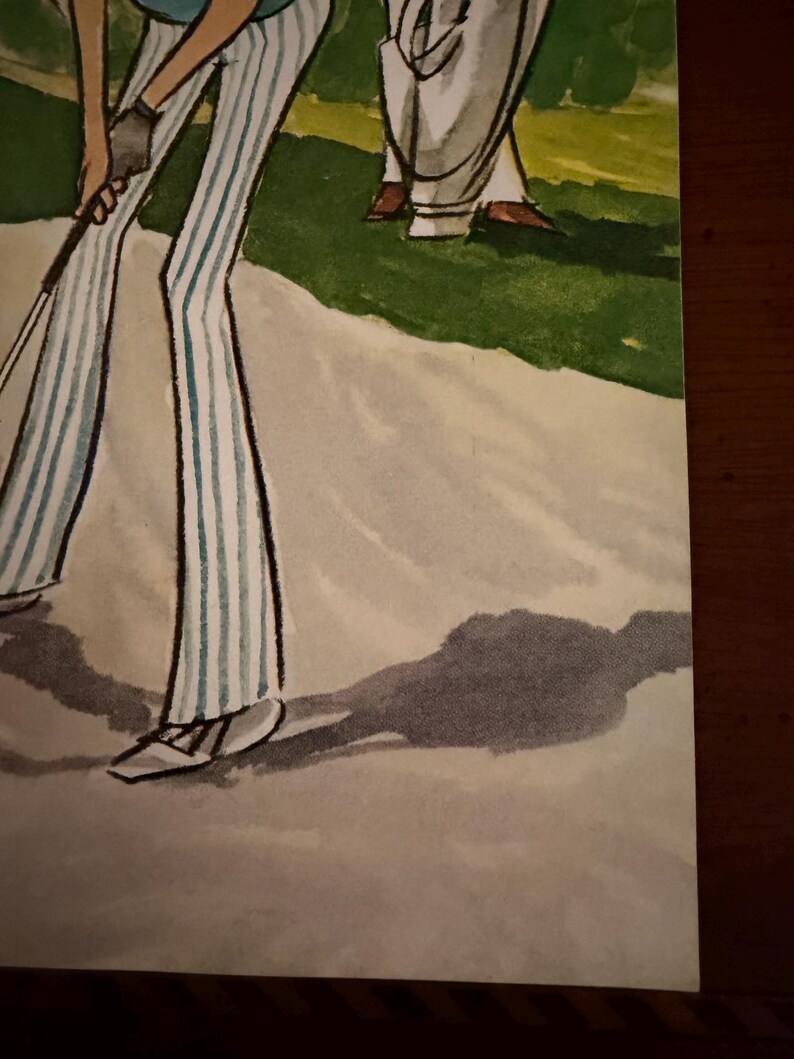 May include: Illustration of a person playing golf, wearing striped pants and a light blue top. The person is holding a golf club, with a golf bag and another person in the background. The scene is set on a green golf course.