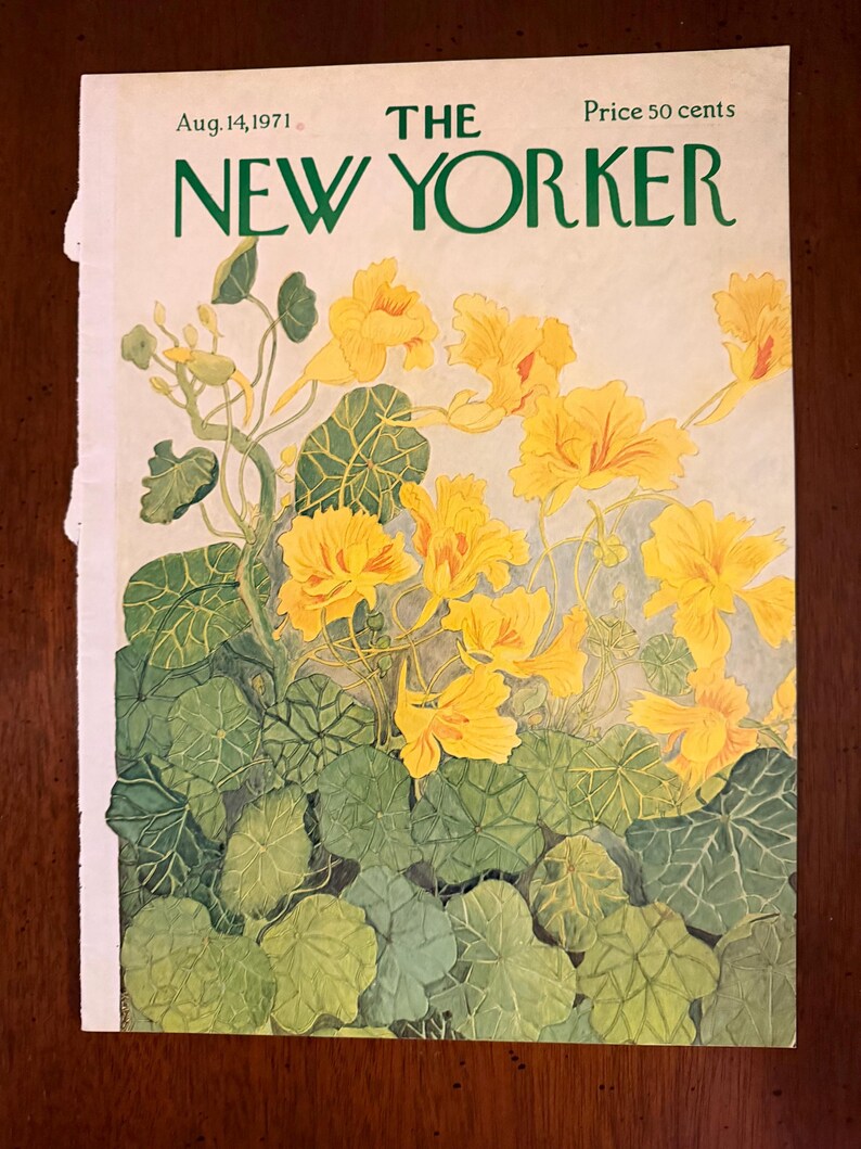Peut inclure: Couverture du magazine The New Yorker du 14 ao&ucirc;t 1971, avec une illustration de fleurs jaunes et de feuilles vertes. Le titre du magazine est en vert, avec le prix de 50 cents.