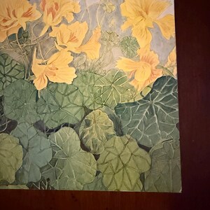 Peut inclure: Peinture &agrave; l'aquarelle de fleurs de capucines jaunes avec des feuilles vertes. Les fleurs ont des p&eacute;tales froiss&eacute;s et sont &agrave; diff&eacute;rents stades de floraison. Les feuilles sont grandes, rondes et m&eacute;langent les nuances de vert.