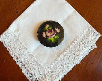 Vintage Hand Painted Floral Brooch – Zhostovo Style Russian Lacquer Pin