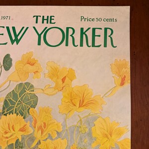 Peut inclure: Couverture de magazine The New Yorker de 1971, avec une illustration &agrave; l'aquarelle de fleurs jaunes vibrantes et de feuilles vertes. Le titre du magazine est en vert, avec le prix indiqu&eacute; &agrave; 50 cents.