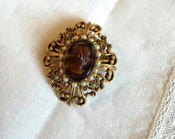 Vintage Florenza Cameo Brooch – Victorian Revival Gold Tone Filigree, Faux Pearls, Faux Turquoise