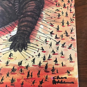 May include: A black and white illustration of a large figure with many smaller figures surrounding it. The smaller figures are holding ropes that are attached to the larger figure. The background is a light orange colour. The image is signed "Chas Addams".