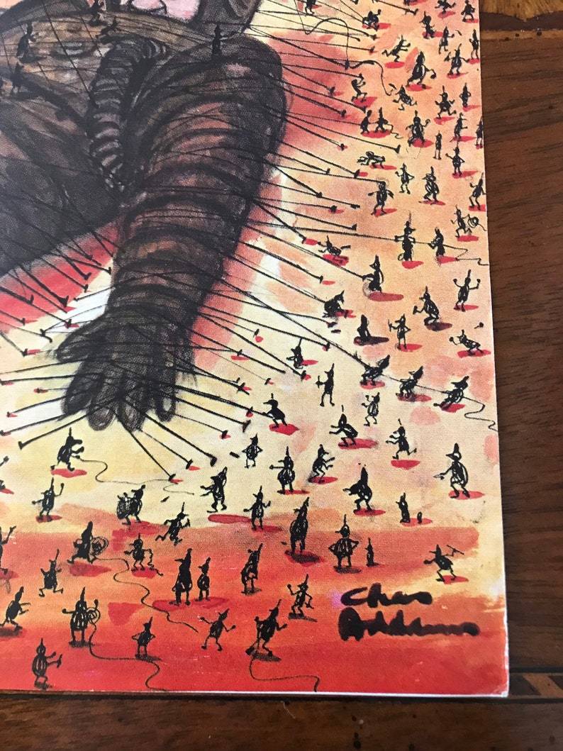May include: A black and white illustration of a large figure with many smaller figures surrounding it. The smaller figures are holding ropes that are attached to the larger figure. The background is a light orange colour. The image is signed "Chas Addams".