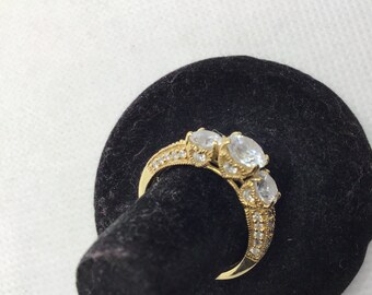 14 K Gold Ring, Diamonique, 3 Stone Center, Size 8, Yellow Gold, Marked and Tested, Beautiful Design, Gift Giving
