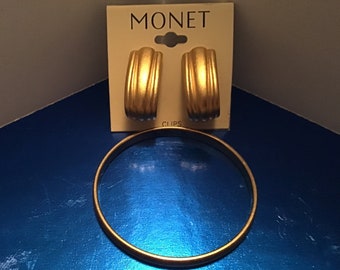 Monet Bangle, Monet Clip Earrings, Brushed Gold Tone, Smaller Cuff,