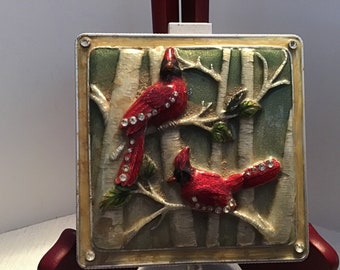 Cardinals Trinket Box Large Enameled 2 Cardinals Trees Branches Leaves 4” Square Hinged 3-D Cardinals
