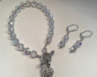 Pulsera y pendientes hechos a mano, cristales de aurora boreal, tono plateado, regalo