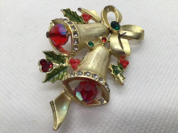 Christmas Brooch Double Bells Red Crystal Clapper… - image 3