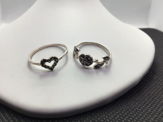 Sterling Silver, Marcasite, Set of 2 Rings, Heart… - image 1