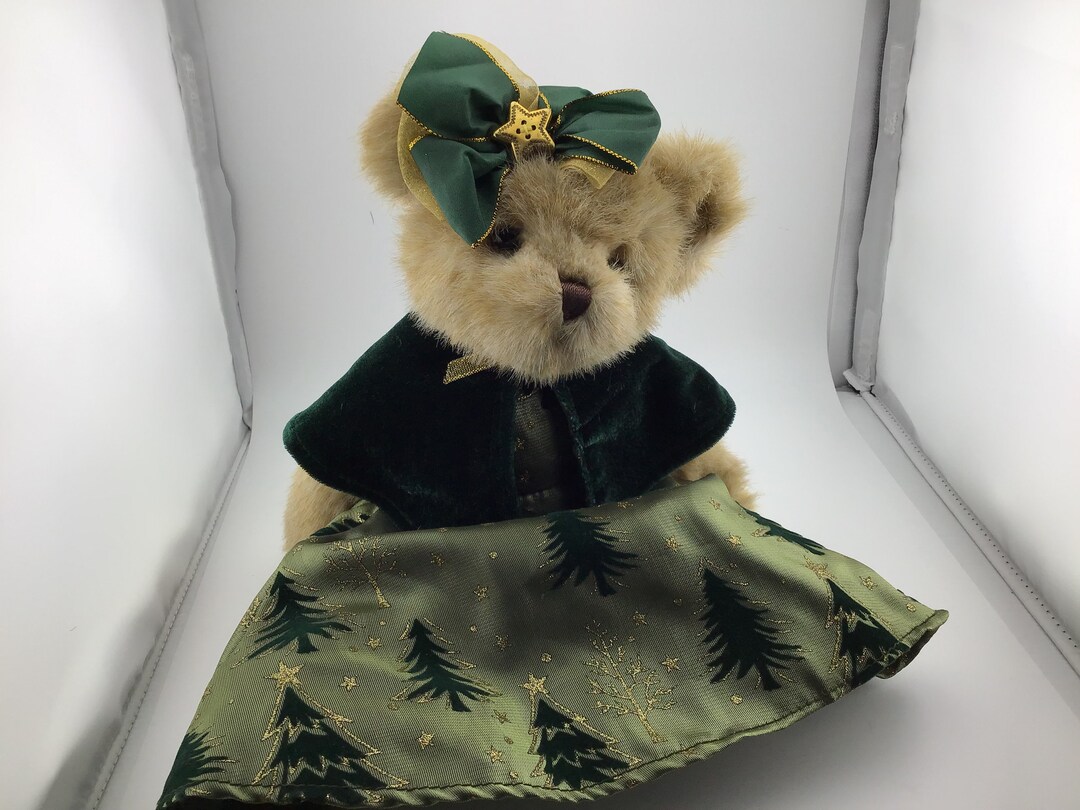 Bearington Bears Christmas Teddy Bear Green Satin Dress Green Velvet