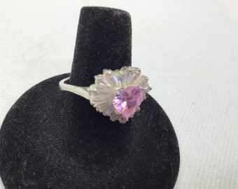 Sterling Silver Ring, Ballerina Ring, Heart Center, Pink Tourmaline, Clear Cz’s Size 8, Gifting,