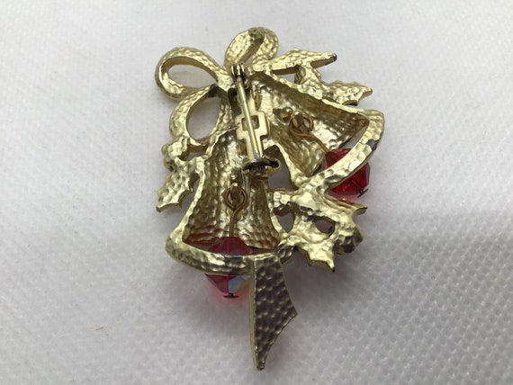 Christmas Brooch Double Bells Red Crystal Clapper… - image 2