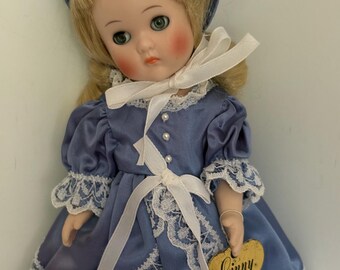 vogue doll vintage porcelain blue dress ecru lace long blonde banana curls 8”