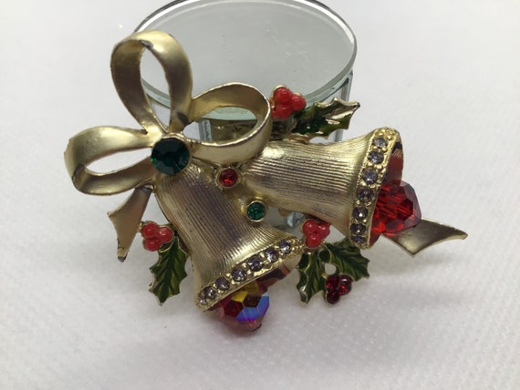 Christmas Brooch Double Bells Red Crystal Clapper… - image 7