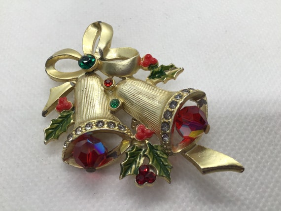 Christmas Brooch Double Bells Red Crystal Clapper… - image 5