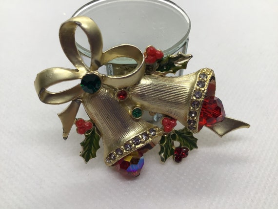 Christmas Brooch Double Bells Red Crystal Clapper… - image 4
