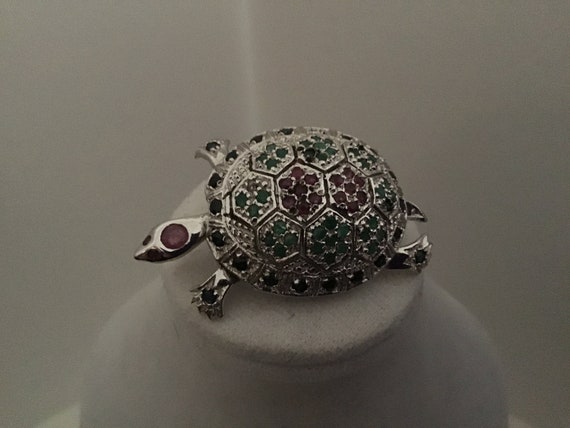Fine Jewelry, Jeweled Sterling Silver Turtle Pin/Pendant, Rubies, Emeralds, Sapphires