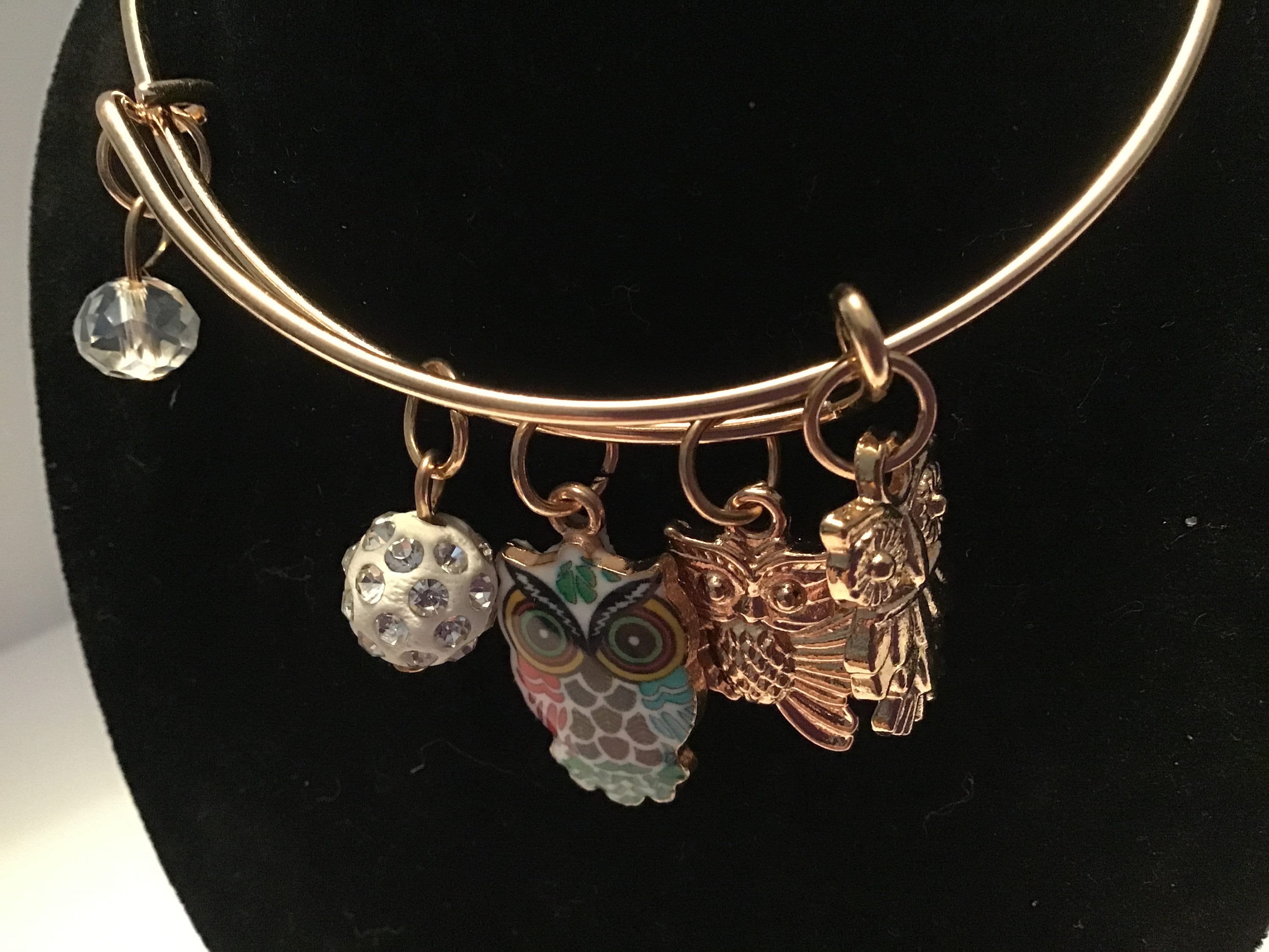 Bracelet, Adjustable, 2 Crystal Balls, 3 Different Owls