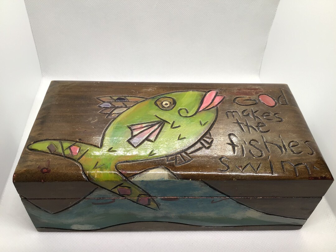 Hand Carved Hand Painted Wooden Fish Box Artisan Made Rustic Etsy