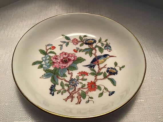 Aynsley Bone China Hand Painted Trinket Dish Flowers Foliage Bird English Bone China Vintage