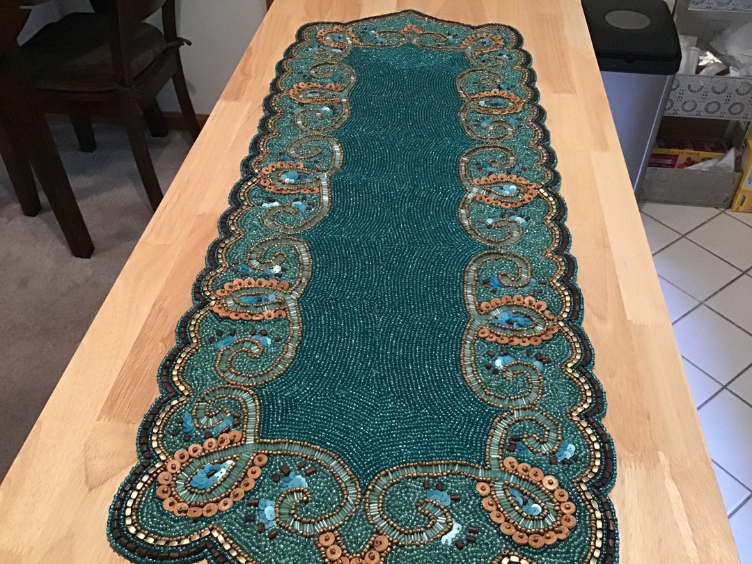 Beaded Table Runner Seed Beads Bugle Beads Wooden Beads Beachy Ocean