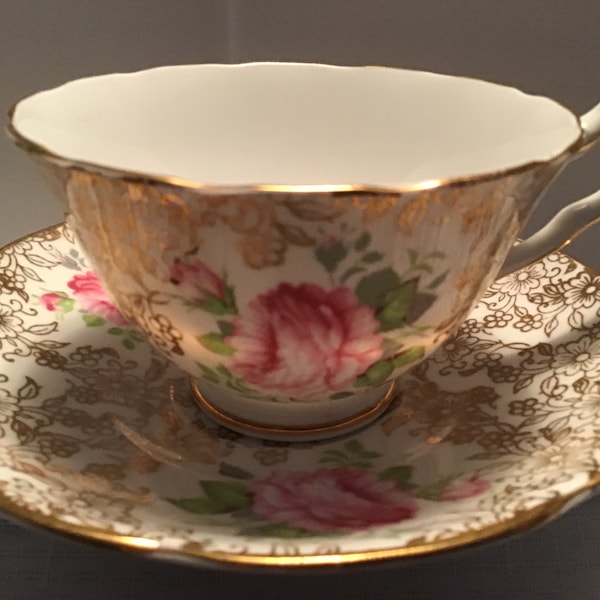 Collingswood Teacup and Saucer, Chintz Teacup and Saucer, Bone China, England,Pink Rises, Heavy Gilding