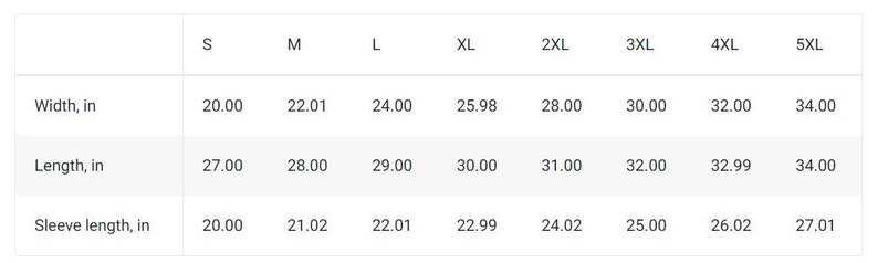 Puede incluir: Tabla de tallas que muestra las medidas de ancho, largo y manga en pulgadas para las tallas S a 5XL.
