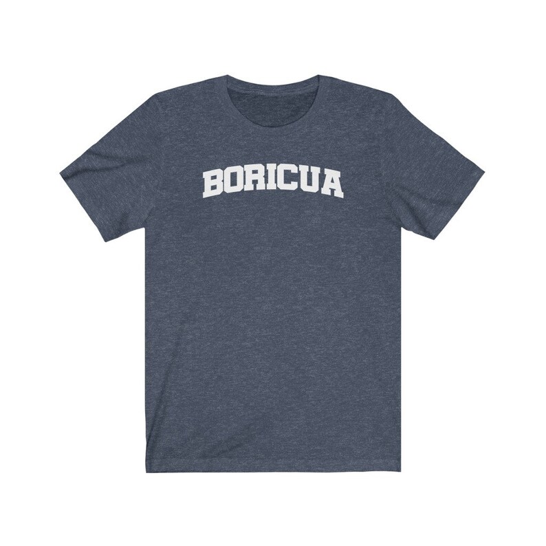 May include: A dark blue t-shirt with the word "BORICUA" printed in white on the front.