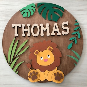 Placa personalizada, placa de porta, decoração de parede personalizada, placa de nome, selva, berçário de madeira.