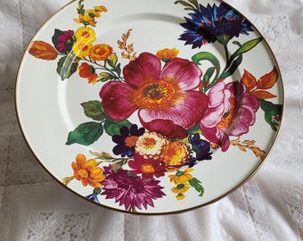 MACKENZIE CHILDS 12 in Flower Market Courtly Check Pedestal Platter Melamine