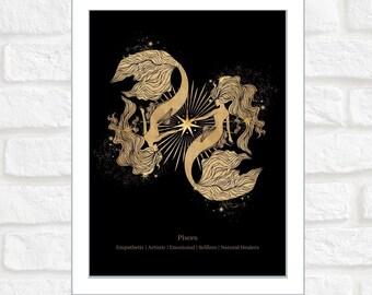 Pesci / Zodiaco / Astrologia / Stampa digitale / Poster / Arte illustrata / Stampa murale / Nero e oro
