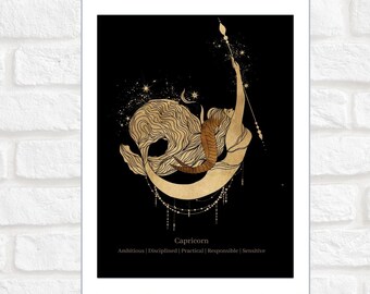 Capricorno / Zodiaco / Astrologia / Stampa digitale / Poster / Arte illustrata / Stampa murale / Nero e oro