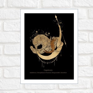 Capricorn | Zodiac | Astrology | Digital Print |  Poster | Illustrated Art | Wall Print | Black and Gold