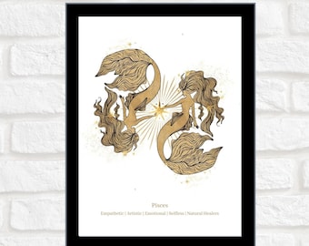 Pesci / Zodiaco / Astrologia / Stampa digitale / Poster / Arte illustrata / Stampa murale / Bianco e oro