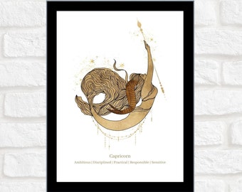 Capricorno / Zodiaco / Astrologia / Stampa digitale / Poster / Arte illustrata / Stampa murale / Bianco e oro