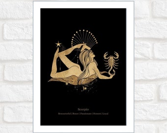 Scorpione Zodiaco / Astrologia / Stampa digitale / Poster / Arte illustrata / Stampa murale / Nero e oro