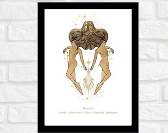 Zodiaco Gemelli / Astrologia / Stampa digitale / Poster / Arte illustrata / Stampa murale / Bianco e oro