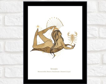 Scorpione Zodiaco / Astrologia / Stampa digitale / Poster / Arte illustrata / Stampa murale / Bianco e oro