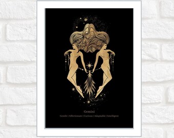 Gemelli / Zodiaco / Astrologia / Stampa digitale / Poster / Arte illustrata / Stampa murale / Nero e oro