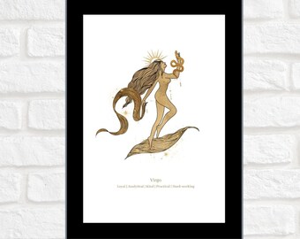 Vergine / Zodiaco / Astrologia / Stampa digitale / Poster / Arte illustrata / Stampa murale / Bianco e oro